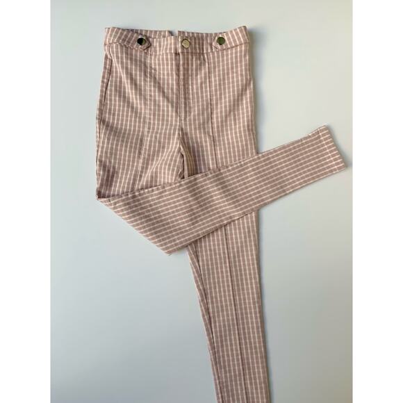 Forever 21 Nude Pink White Gingham High Waisted Fitted Ankle Length Pants Wms XS - Picture 6 of 10